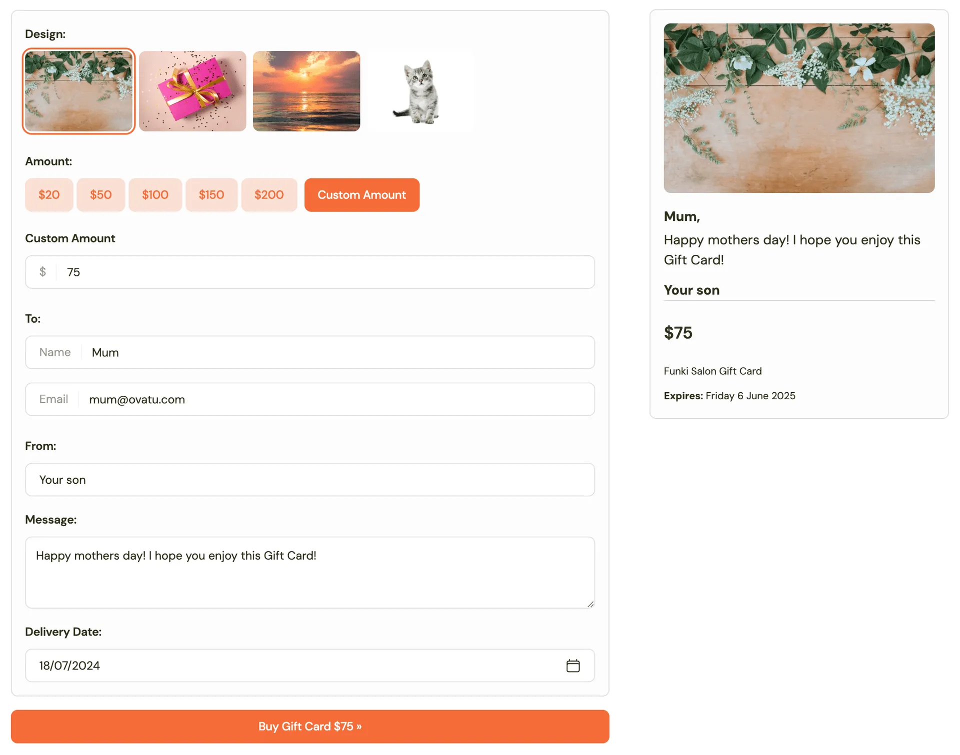 Purchasing a gift card on the Ovatu book.app minisite